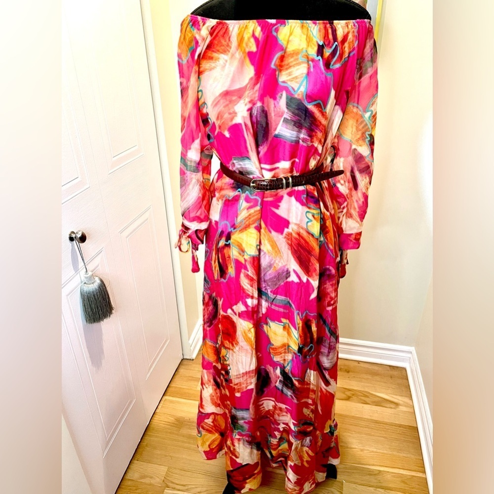HF Moda Italia Floral Maxi Dress,Multicolour,Off Shoulder,Tie Sleeves ๐ธ๐บ๐ผ - Picture 9 of 16
